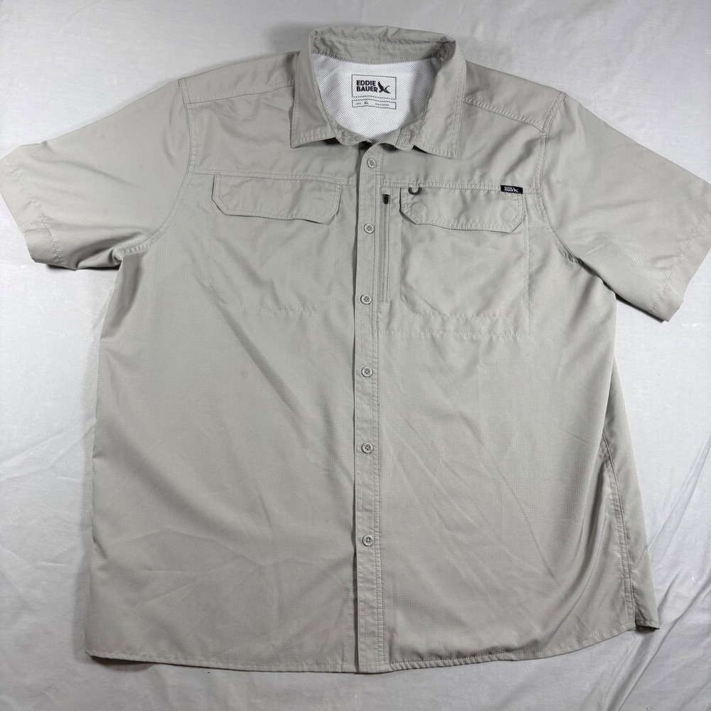 Eddie Bauer Men XL Tan Ripstop Short Sleeve Fishing Hiking Shirt Vent Pocket